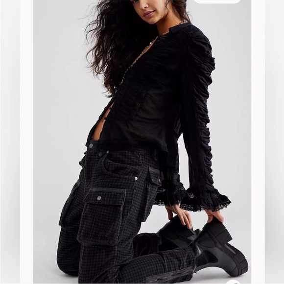 We The Free Denim - Free People London Calling Slouchy Cord Jeans Plaid Print Black New wtag 30